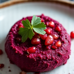 Close-up of Vibrant Beet Pkhali in Sacramento. A detailed shot of the rich red beet pkhali, highlighting its texture and delicate garnish, presenting a taste of authentic Georgian appetizers at Yerevan Sac.