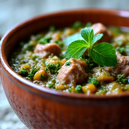 Chakapuli, a vibrant green lamb and tarragon stew in a bowl