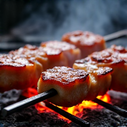 Close-up shot of a charcoal grill in action, with glowing embers and a slight char on the pork shashlik skewers. The image conveys the authentic, wood-fired cooking process that imparts unique flavor to the meat. Smoke gently rises, adding to the dynamic and energetic scene of traditional grilling.