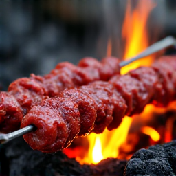 Charcoal grill restaurant Carmichael authentic Armenian kebabs on skewers. Hand-crafted authentic Armenian kebabs cooking on a traditional mangal charcoal grill at a restaurant in Carmichael, CA.