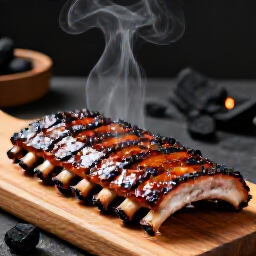 Charcoal-grilled pork ribs on the mangal at Yerevan Sac, Carmichael. High-resolution image of smoky BBQ pork ribs cooking over an open flame, showcasing the authentic mangal grilling process at Yerevan Sac in Carmichael, California.