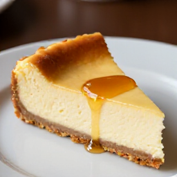 House-made cheesecake Carmichael creamy baked dessert with honey drizzle. A close-up of Yerevan Sac