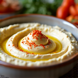 Close-up of Creamy Whipped Hummus Drizzled with Olive Oil and Paprika