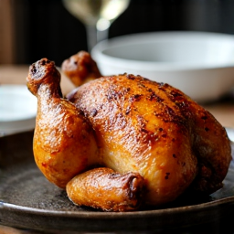 Crispy Chicken Tabaka artfully arranged with a vibrant garlic-cilantro garnish, emphasizing its golden skin and aromatic flavors, a signature dish.