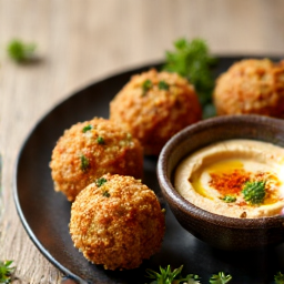 Crispy Falafel Platter with Hummus and Sauces. Golden-brown falafel served with creamy hummus, fresh herbs, and savory dipping sauces, highlighting authentic Armenian grill techniques.