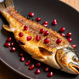 Pomegranate finish on Caucasian-style baked trout at Yerevan Sac. Vibrant ruby-red pomegranate seeds scattered over the golden baked trout, adding a sweet-tangy burst of color and flavor to the traditional Armenian presentation.