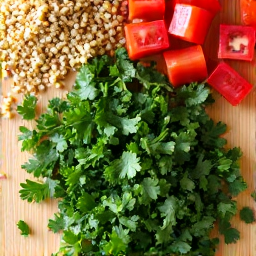 Close-up of Finely Diced Tabbouleh Ingredients: Parsley, Tomato, and Bulgur. A detailed shot highlighting the precision of the finely-diced parsley, juicy red tomatoes, and rehydrated bulgur wheat, ready to be tossed into a fresh tabbouleh salad.