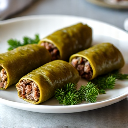 Platter of fresh Armenian Beef Dolma, served as an appetizing starter. Each grape leaf is carefully wrapped around a savory filling, reflecting the dedication to authentic Caucasian flavors and traditional preparation.