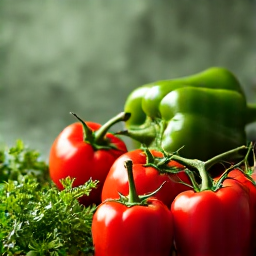 A colorful array of fresh vegetables and herbs, including tomatoes and cilantro, ready for Lamb Khashlama preparation.
