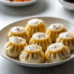 Freshly steamed traditional beef and pork Khinkali, Georgian soup dumplings, garnished with black pepper on a white plate