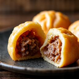 Fried Khinkali cut open, revealing the savory inner broth and succulent meat filling, ready to be enjoyed.
