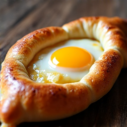 Georgian Cheese Boat (Adjaruli Khachapuri) with a cracked raw egg and a pat of butter, ready to be mixed into the hot, melted cheese. The boat-shaped bread is perfectly browned, on a light-colored surface with natural light.
