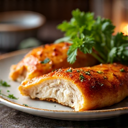 Georgian Chicken Tabaka, golden brown and garnished with fresh herbs, served on a rustic plate, highlighting its crisp skin and succulent texture, a traditional Caucasian delicacy.