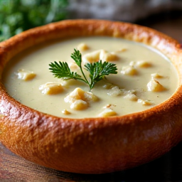 Georgian Chikhirtma chicken soup served in a handcrafted bread bowl emphasizing traditional presentation in Carmichael.