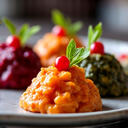 Georgian Pkhali Trio: Vibrant Beet, Spinach, and Bean Spreads. A beautifully arranged platter of Georgian Pkhali, showcasing the colorful beet, spinach, and bean variations, garnished with fresh herbs and pomegranate seeds, reflecting the rich flavors of Armenian-Georgian cuisine served in Carmichael.