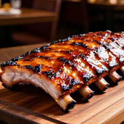 Glazed and charred pork ribs fresh from the mangal in Carmichael. Close-up of sticky, caramelized glaze on fall-off-the-bone pork ribs, fresh from the charcoal grill at Yerevan Sac in Carmichael.
