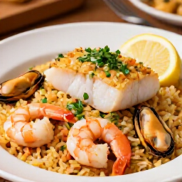 Golden Seasoned Pilaf with Seafood at Yerevan Sac. A vibrant plate of golden-hued seasoned pilaf topped with fresh shrimp, white fish fillets and mussels, drizzled with olive oil and herbs, showcasing the restaurant