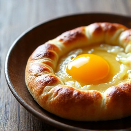 Handmade Adjaruli Khachapuri with a perfectly golden crust, featuring a deep boat shape filled with bubbling imported Sulguni cheese and a fresh egg, ready to be mixed. Served on a rustic plate, emphasizing its artisanal nature.