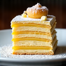 Handmade Napoleon Cake Carmichael. A beautifully presented slice of multi-layered Napoleon cake on a white plate, highlighting the delicate balance of酥皮 (su pi) pastry and creamy filling, garnished with fresh berries.