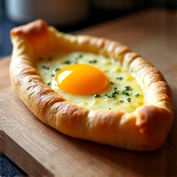 Round Imeruli Khachapuri with a fluffy golden crust, filled with melted Sulguni cheese. Experience this Georgian delicacy, a handmade specialty at Yerevan Sac, serving the Carmichael area.