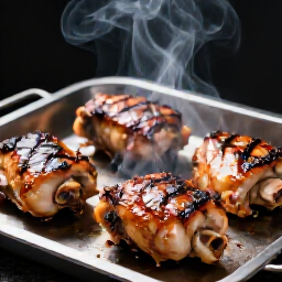 Juicy Bone-In BBQ Chicken Thighs Off the Charcoal Grill - Yerevan Sac Sacramento. Freshly grilled, juicy bone-in chicken thighs removed from the charcoal grill, resting on a tray with glistening marinade and visible smoke, prepared at Yerevan Sac in Carmichael for the Greater Sacramento area.