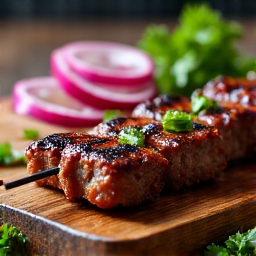 Juicy Lula Kebab, a mix of beef and lamb, grilled to perfection and served with fresh herbs and sliced onions