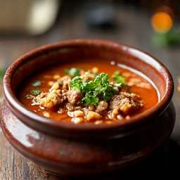 Kharcho Soup with Rich Beef Broth and Herbs. A close-up of our authentic Georgian Kharcho soup, showcasing its rich, savory beef broth, tender chunks of beef, and a vibrant sprinkle of fresh herbs, served in a Carmichae restaurant setting.