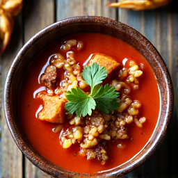 Kharcho Soup Served in Carmichael Dining Room. A beautifully presented bowl of Kharcho soup on a rustic wooden table, with a subtly blurred background of our welcoming Carmichael dining room, suggesting an authentic culinary experience.