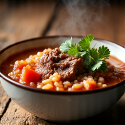 Kharcho Soup with Tender Beef Shank and Spices. A bowl of Georgian Kharcho soup featuring a prominent, tender beef shank, rice, and aromatic spices, capturing the essence of traditional Caucasian cuisine served warm.