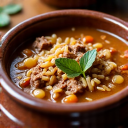 Kharcho Soup with Traditional Georgian Spices and Walnut Paste. A close-up shot of our Kharcho soup, highlighting the texture of the broth and the intricate blend of Georgian spices, with hints of ground walnut paste creating a unique depth of flavor.