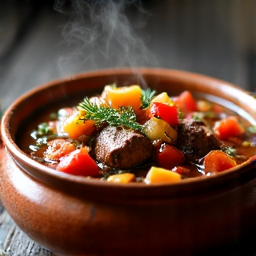 Lamb Khashlama served in an earthenware bowl, garnished with fresh herbs and vibrant tomatoes.