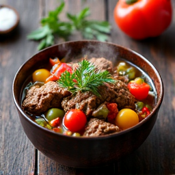 Authentic Lamb Khashlama presented beautifully in a traditional ceramic bowl, ready to be enjoyed.