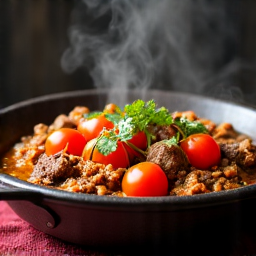 Lamb Khashlama simmering slowly in a traditional clay pot, showcasing the rich broth and fresh ingredients.