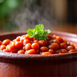 Lobio Clay Pot served on table with fresh herbs. A beautifully presented clay pot of Lobio, garnished with fresh herbs and placed on a rustic dining table, ready to be served in Yerevan Sac