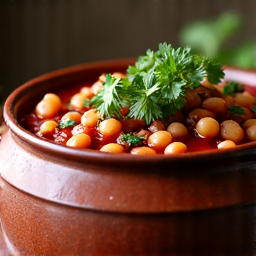 Lobio Clay Pot with Red Beans and Herbs Georgian Vegan Food. A close-up of a traditional Georgian Lobio served in a rustic clay pot, showcasing the rich texture of slow-cooked red beans, garnished with fresh herbs, and a hint of a vibrant spice blend.