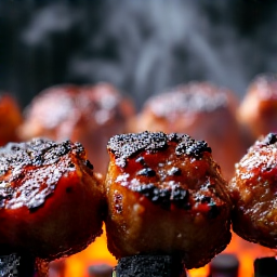 Traditional Mangal grill with open flames cooking juicy kebabs in Sacramento. Detailed view of the charcoal and cooking process, highlighting the authenticity of Armenian and Georgian flame cooking.