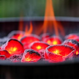 Glowing oak coals on a mangal grill. This image highlights the traditional heat source used for authentic Armenian BBQ in Carmichael, achieving the perfect char for kebabs.