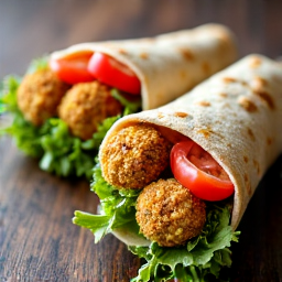 Mediterranean Falafel Wrap with Fresh Vegetables. A delicious falafel wrap filled with crisp lettuce, ripe tomatoes, red onions, and a generous drizzle of tahini sauce.