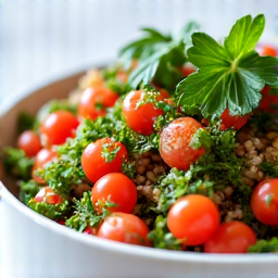 Herb-Forward Mediterranean Tabbouleh Salad with Fresh Lemon Dressing. A generous portion of tabbouleh, showcasing the abundance of fresh herbs like parsley and mint, dressed lightly with lemon and olive oil, reflecting its Mediterranean heritage.
