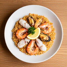 Mixed Seafood Rice Platter at Yerevan Sac. A generous serving of seasoned rice topped with succulent shrimp, tender fish fillets and fresh mussels, garnished with herbs and served in a traditional Caucasian-style platter at Yerevan Sac in Carmichael, CA.