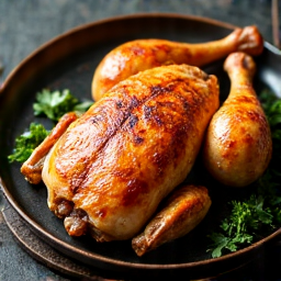 Close-up of pan-pressed Chicken Tabaka, highlighting the perfect golden crust and juicy meat, embodying the unique cooking technique.
