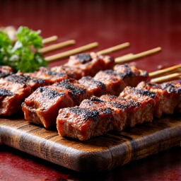 Perfectly charred lamb kebab skewers on a mangal grill. Showcasing the art of authentic Armenian BBQ in Carmichael with tender, succulent lamb.
