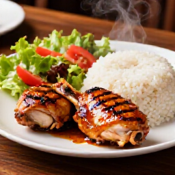 Plated BBQ Chicken Thighs Entree with Rice and Salad - Yerevan Sac. Beautifully plated presentation of charcoal-grilled barbecued chicken thighs served over a bed of fluffy rice with a fresh side salad, representing a complete lunch or dinner entree at Yerevan Sac in the Greater Sacramento region.