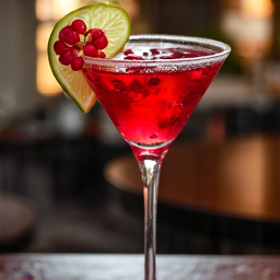 Pomegranate Martini at a fine dining cocktail bar. Elegant drink, mixology, vibrant red cocktail.