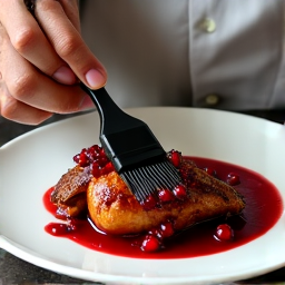 A chef meticulously brushing pomegranate sauce (Narsharab) onto cooked quail, highlighting the handcrafted detail and rich flavors.