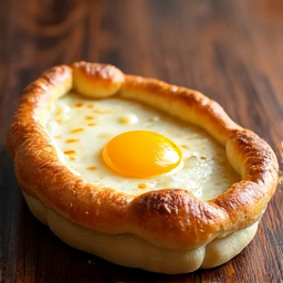 Handmade Georgian Adjaruli Khachapuri. Freshly baked boat-shaped cheese bread with a runny egg yolk and butter, showcasing authentic Caucasian baking traditions at Yerevan Sac.