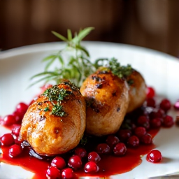 Grilled Quail with Pomegranate Sauce on a plate in an upscale dinner setting for two, with wine glasses and elegant table decor. Perfect for a date night in Carmichael.