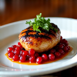Close-up of three grilled quail skewers on a bed of greens, glistening with a rich pomegranate glaze. Highlights the artisanal preparation and vibrant colors of the dish.