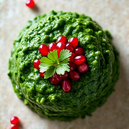 Fresh Spinach Pkhali with Herbal Garnish. A bright green spinach pkhali mound, artfully topped with fresh cilantro and a sprinkle of spices, ready to be enjoyed as part of a Georgian feast in Carmichael.