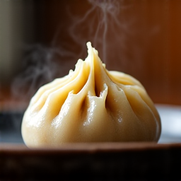 Steaming Mushroom Khinkali platter. A close-up of freshly steamed mushroom khinkali arranged on a rustic platter, highlighting their perfect shape and ready to be served, emphasizing the traditional Georgian vegetarian dish.